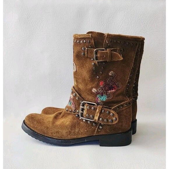 Anthropologie Frye Natalie Studded Embroidered Engineer Boots 7.5 - Picture 4 of 8